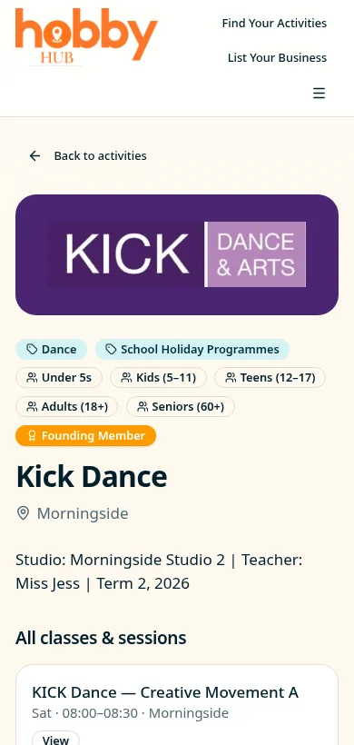 Kick Dance Founding Member business page on the current Hobby Hub mobile website