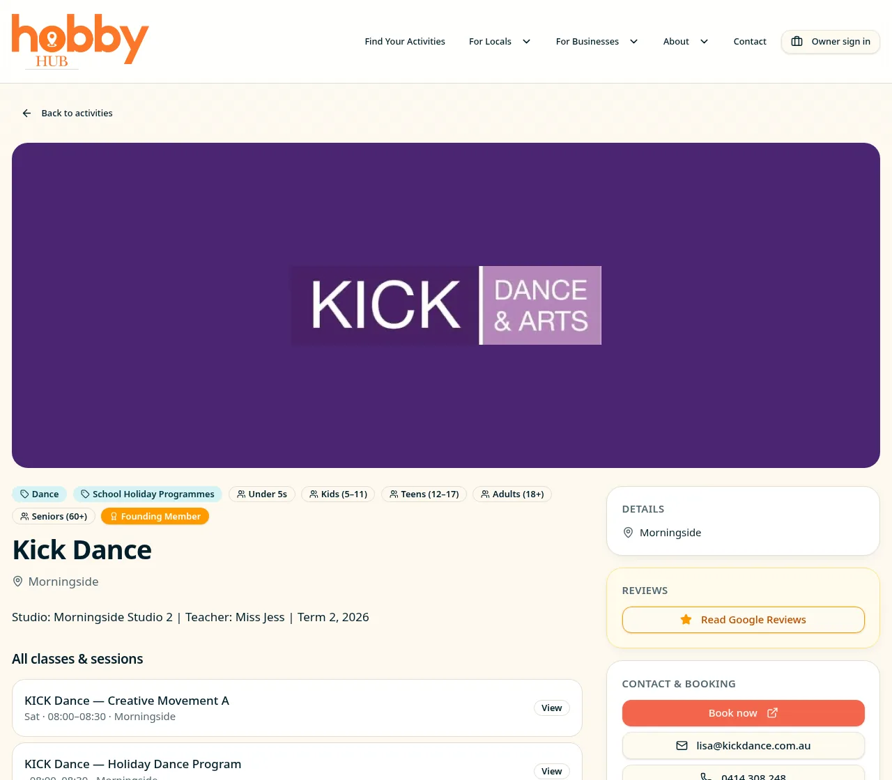Kick Dance Founding Member business page on the current Hobby Hub desktop website