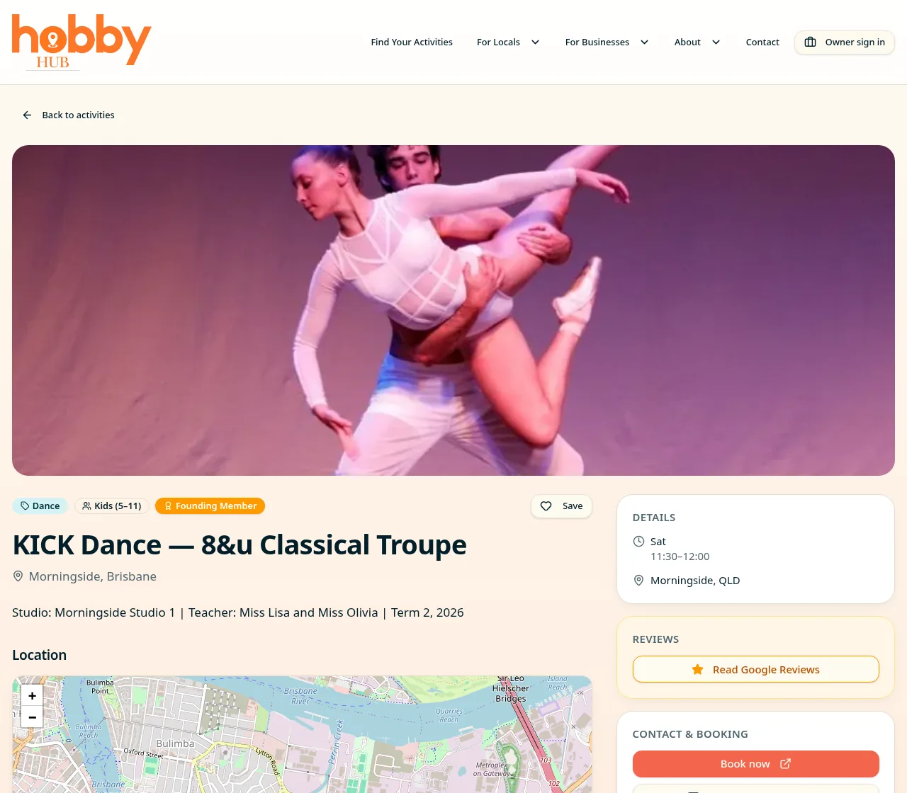 Kick Dance class listing on the current Hobby Hub website with booking and location details